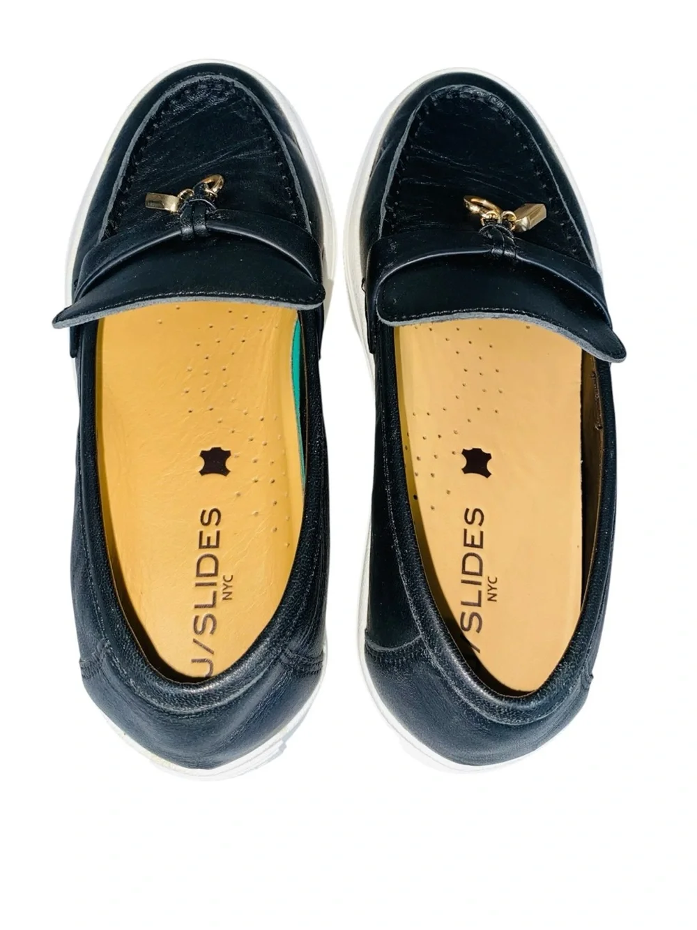 J/SLIDES Black Leather Platform Slip On Loafers Gold Tone Charms Size 8.5